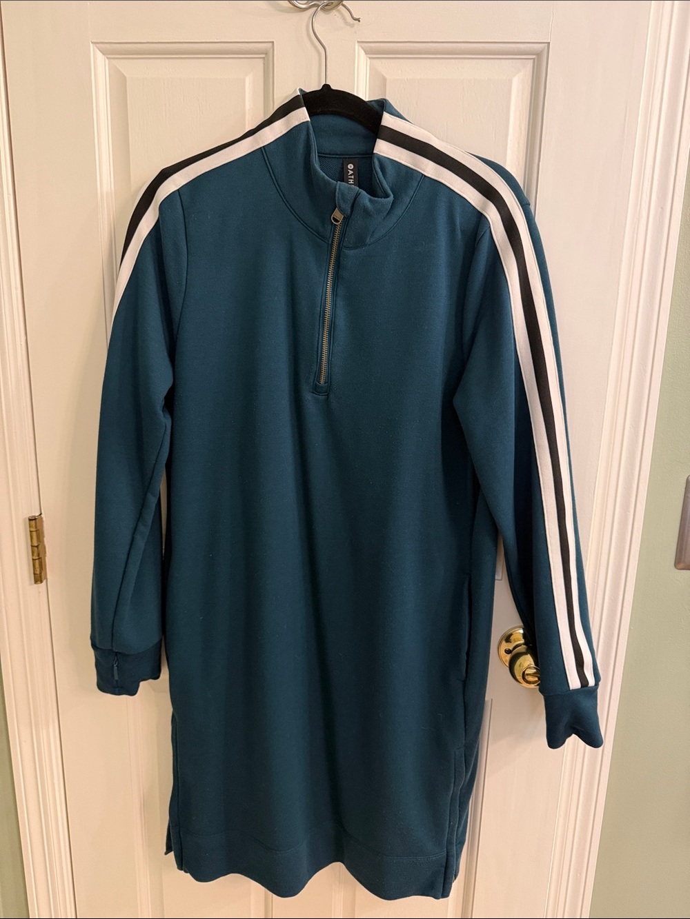 Athleta Teal Half-Zip Pullover with Black and White Shoulder Stripes